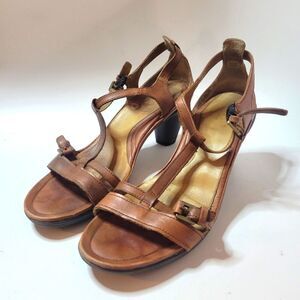 Ecco Brown Leather T-Strap Heeled Sandals